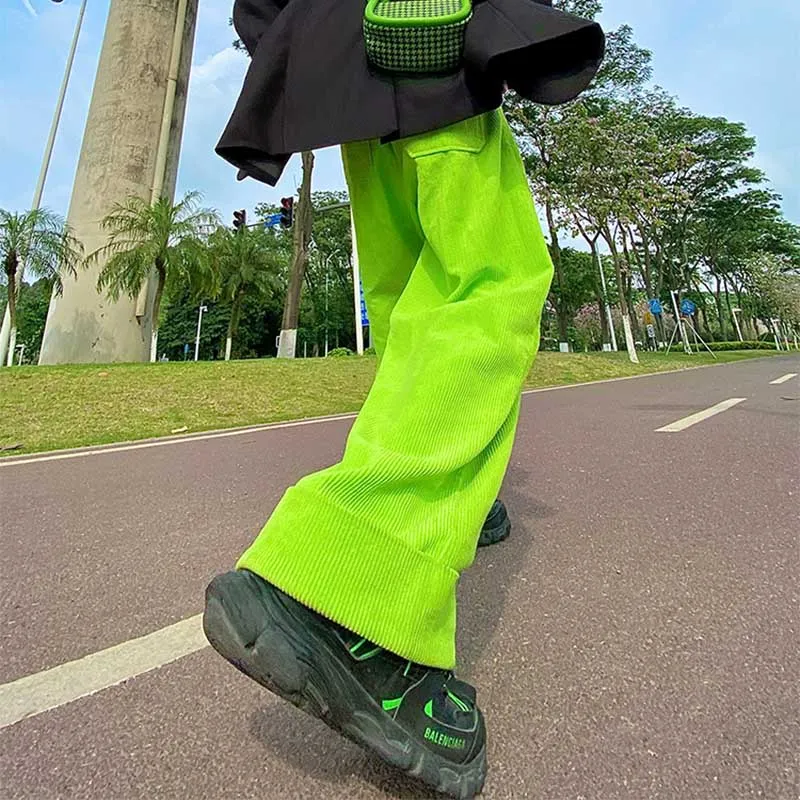 Neon Green Corduroy Straight Wide-leg Pants