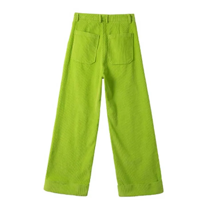 Neon Green Corduroy Straight Wide-leg Pants