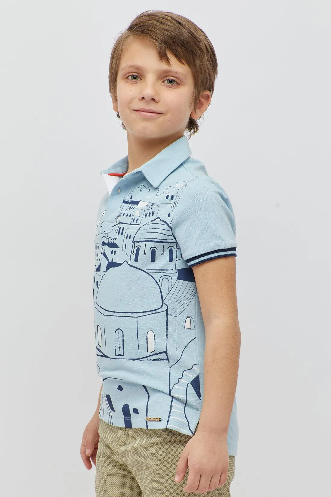 One Friday Boys Printed Aqua Polo neck T-shirt