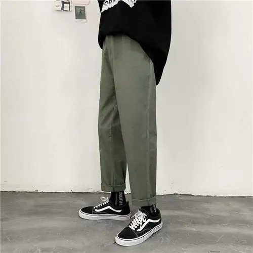 Pants Men Handsome Japanese Style Retro Chic Straight Solid Ins Simple All-match Spodnie Pockets Fashion Drawstring Baggy Casual