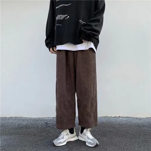 Pants Men Handsome Japanese Style Retro Chic Straight Solid Ins Simple All-match Spodnie Pockets Fashion Drawstring Baggy Casual