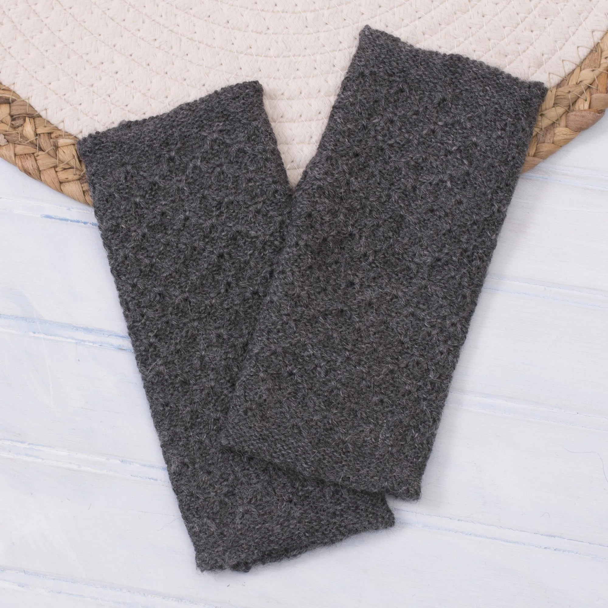 Passionate Pattern in Graphite Patterned 100% Baby Alpaca Fingerless Mitts in Graphite