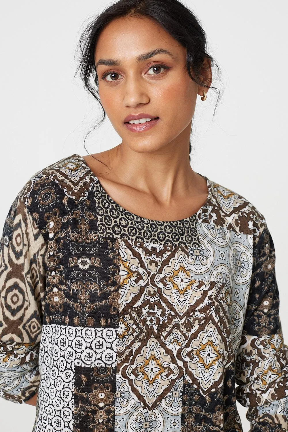 Patchwork Print Long Sleeve Scoop Neck Tunic