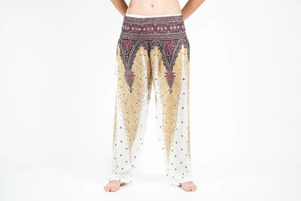 Peacock Feathers Harem Pants in White