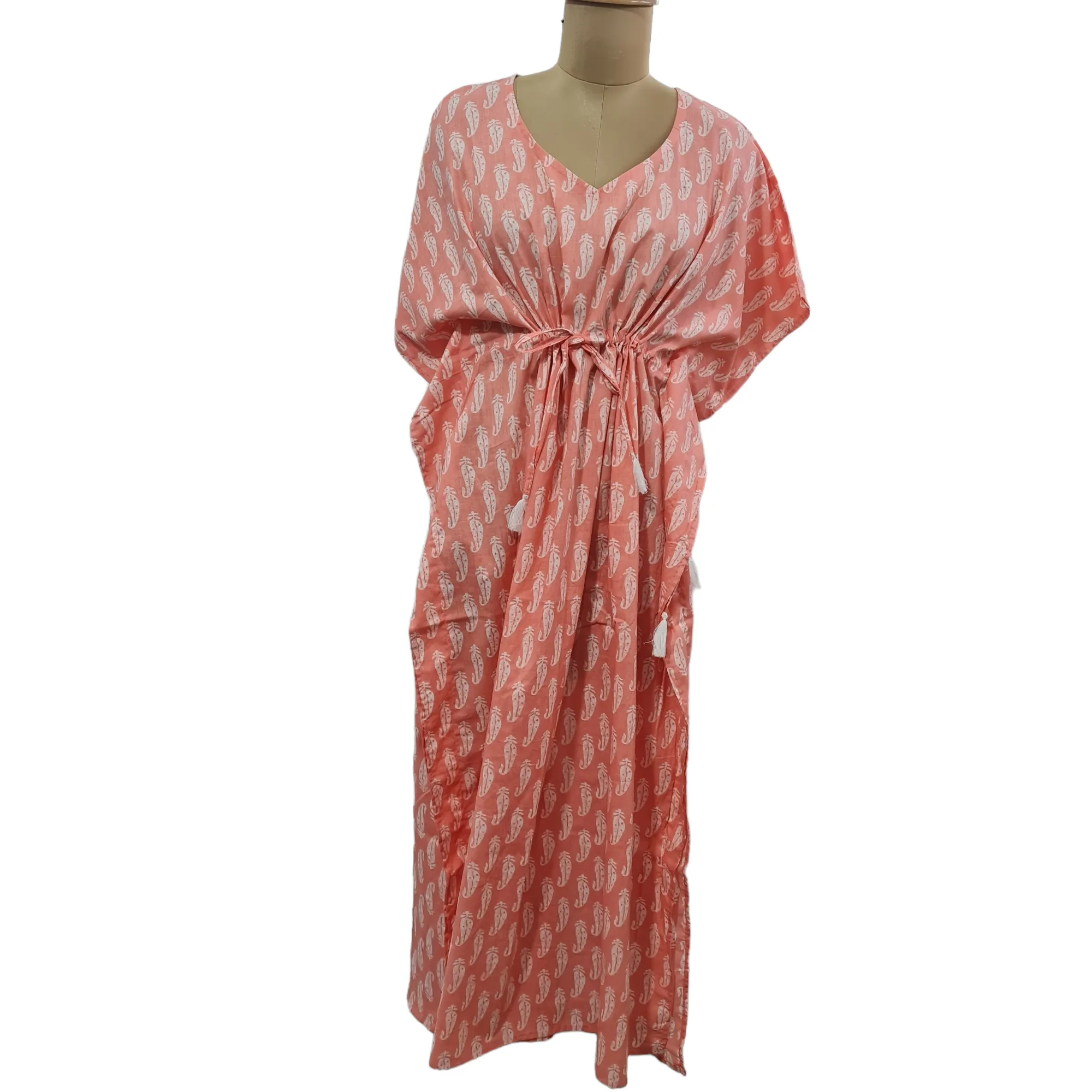 Pink White Floral Print Cotton Kaftan