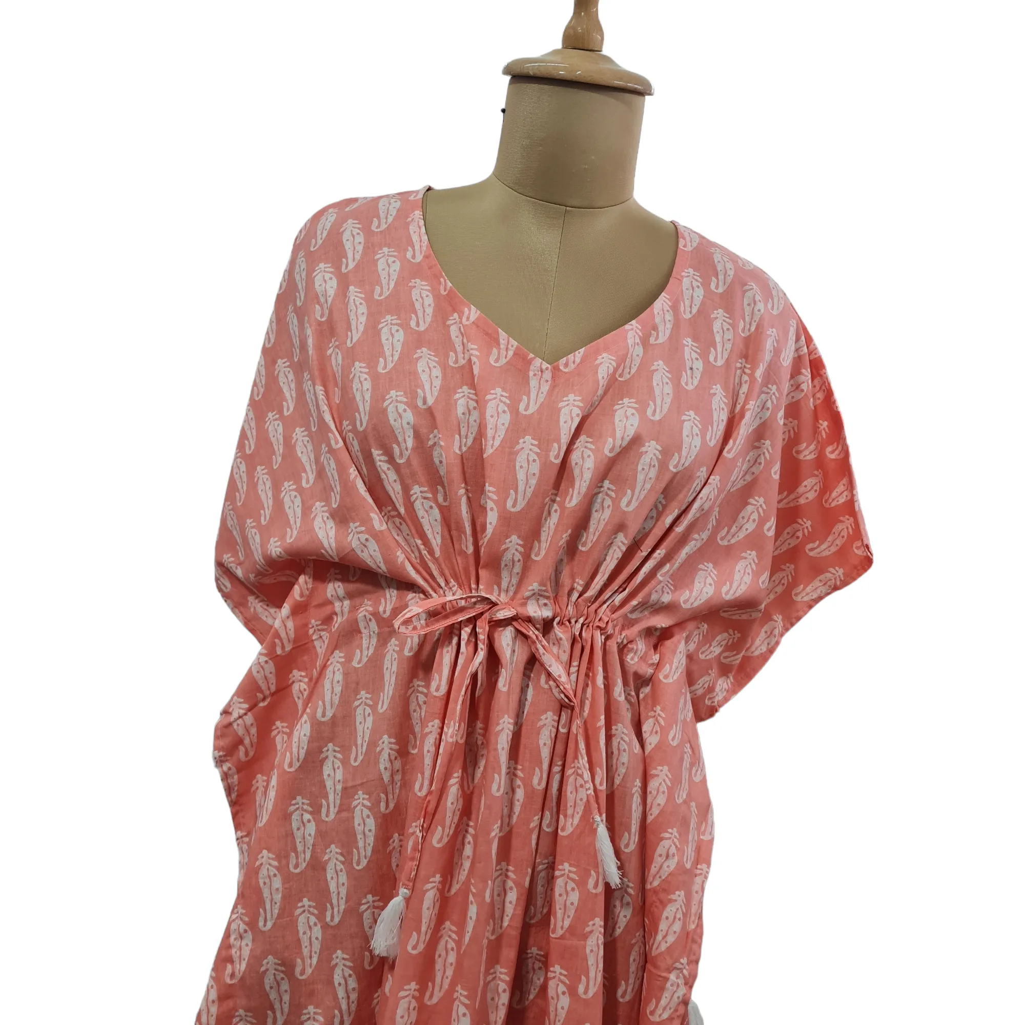 Pink White Floral Print Cotton Kaftan