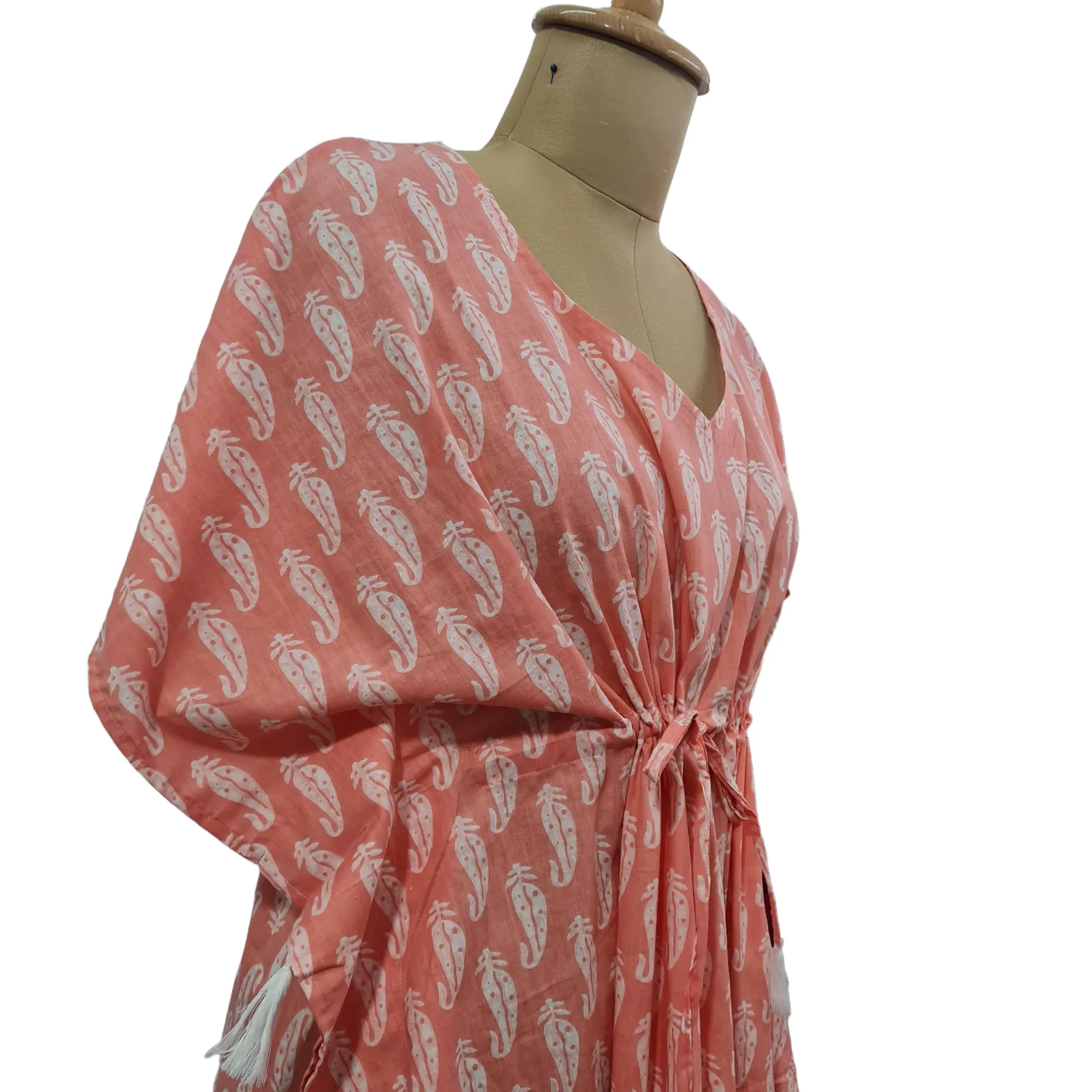 Pink White Floral Print Cotton Kaftan