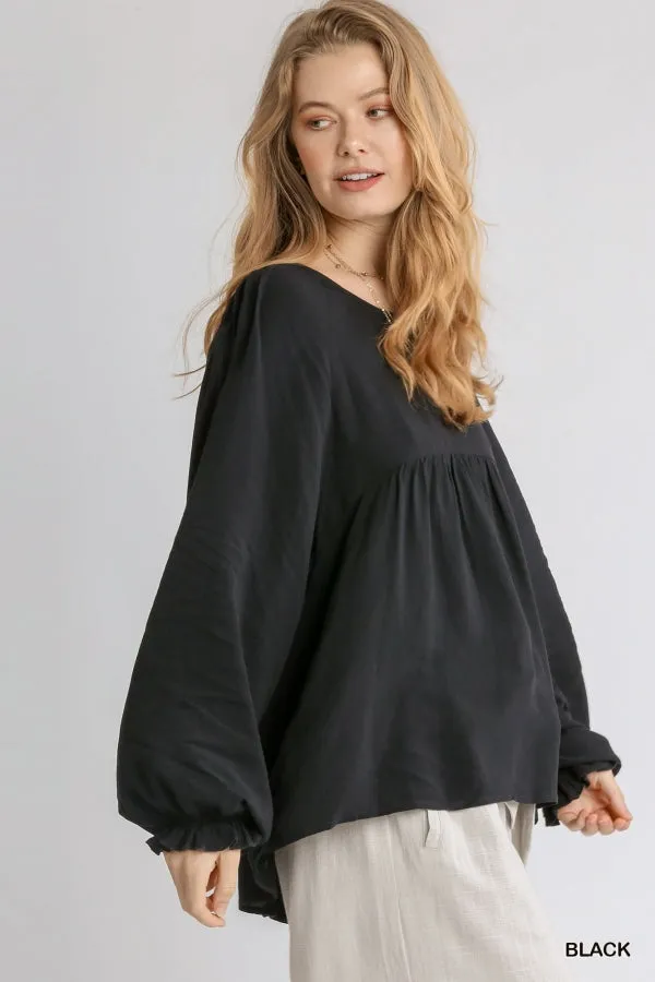 Pleated Detail Babydoll Top, Black