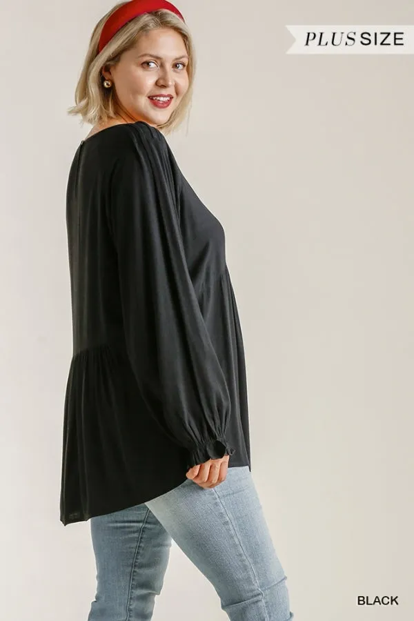 Pleated Detail Babydoll Top, Black