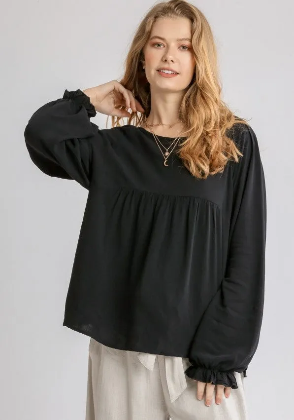 Pleated Detail Babydoll Top, Black