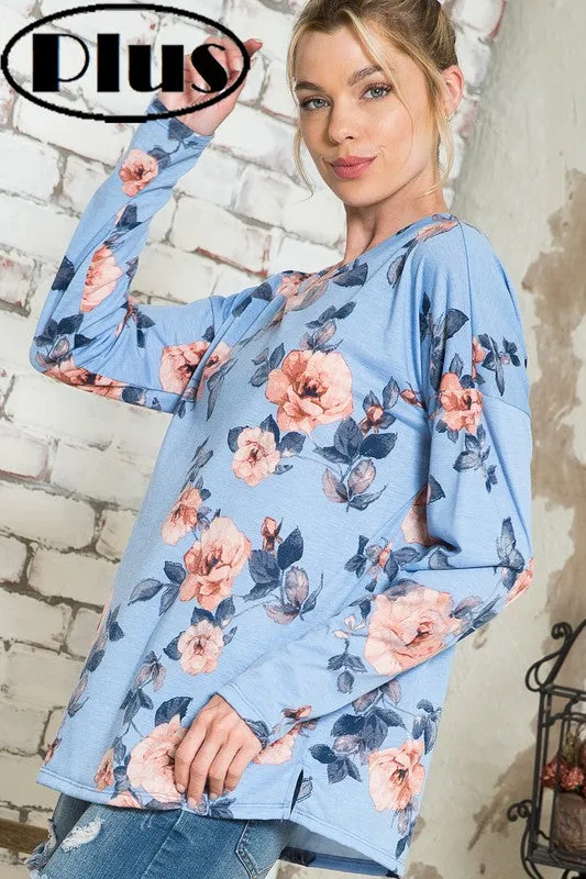 Plus Blue Floral V-Neck Drop Shoulder Top