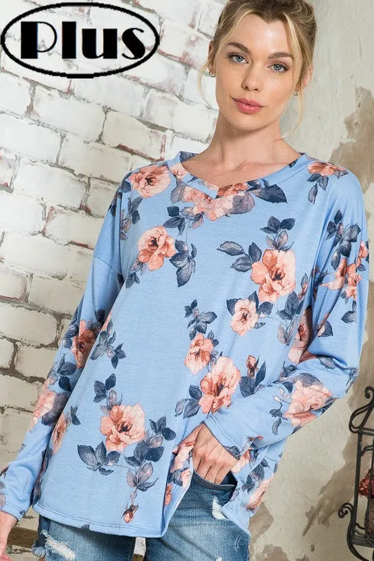 Plus Blue Floral V-Neck Drop Shoulder Top