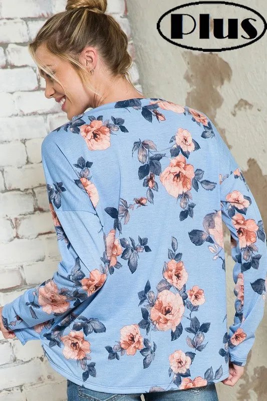 Plus Blue Floral V-Neck Drop Shoulder Top