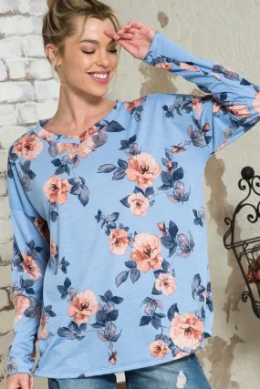 Plus Blue Floral V-Neck Drop Shoulder Top