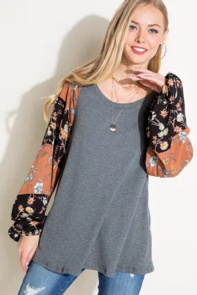 Plus Waffle Knit Woven Floral Bubble Sleeve Top