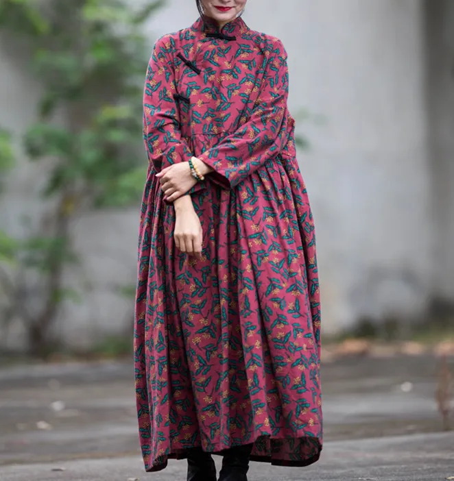 Print Long Sleeve Dresses Cotton Linen Dress Women Dress XSYCP9201229