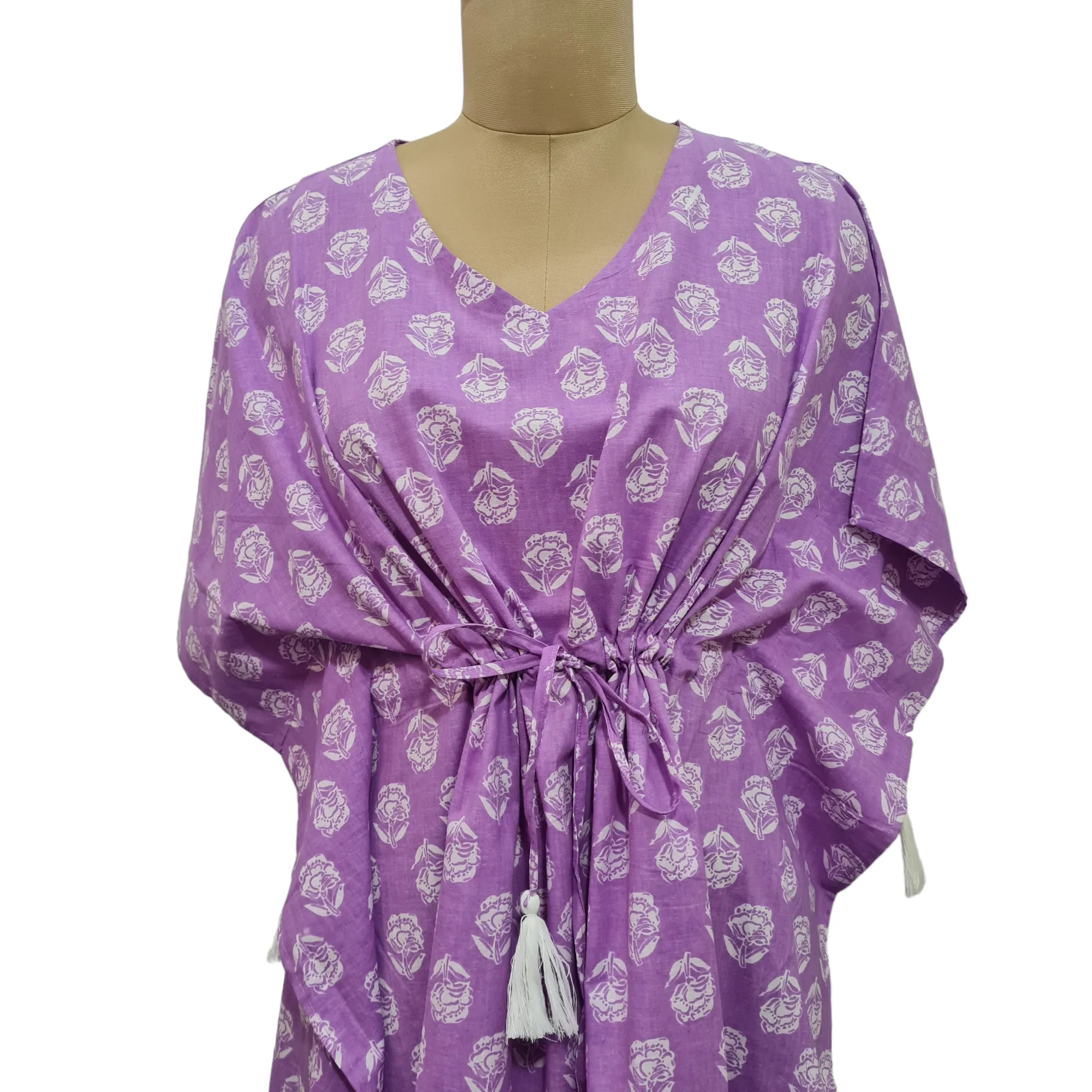 Purple White Floral Print Cotton Kaftan