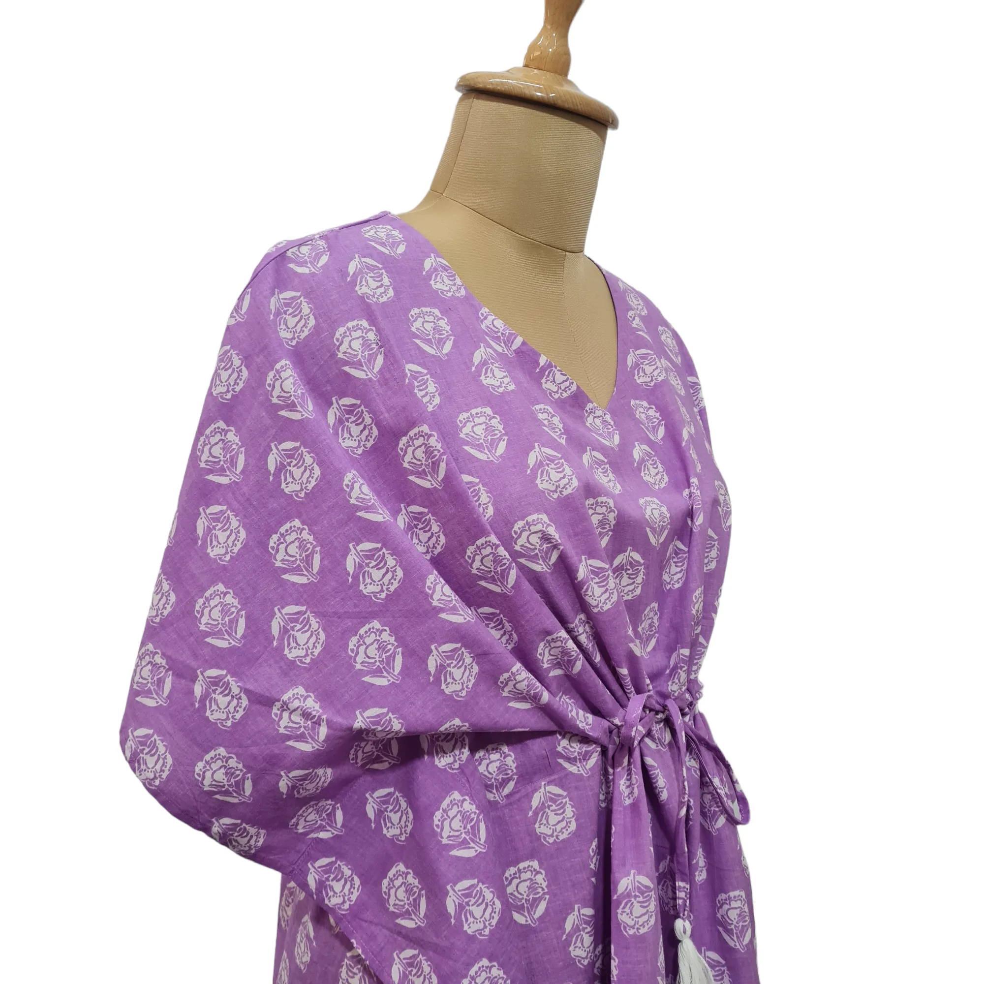 Purple White Floral Print Cotton Kaftan