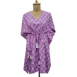 Purple White Floral Print Cotton Kaftan