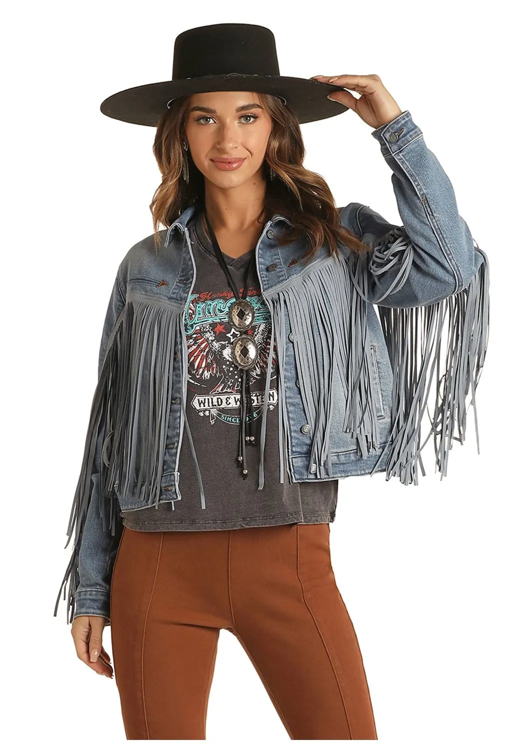 Rock & Roll Cowgirl Women's Cropped Fringe Denim Jacket 52-1708