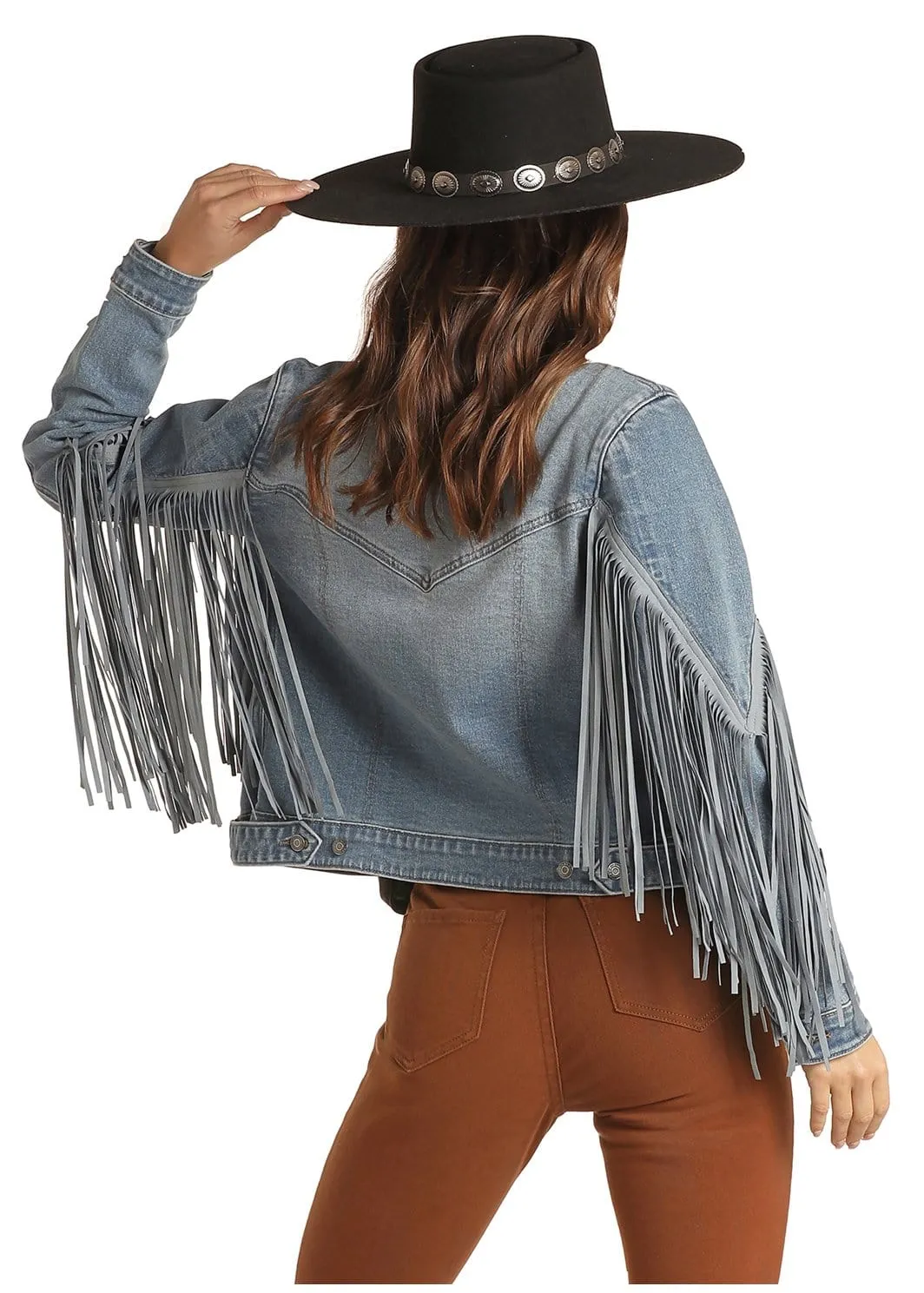 Rock & Roll Cowgirl Women's Cropped Fringe Denim Jacket 52-1708