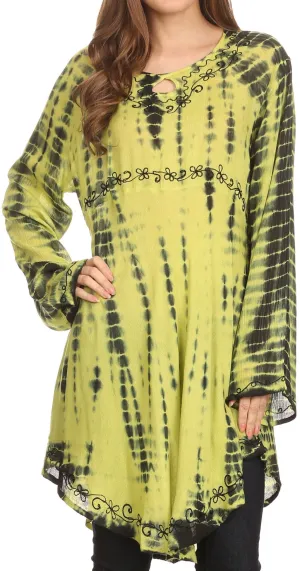 Sakkas Arissa Long Sleeved Tunic Blouse Embroidered Tie Dye Circle Dress / Cover Up