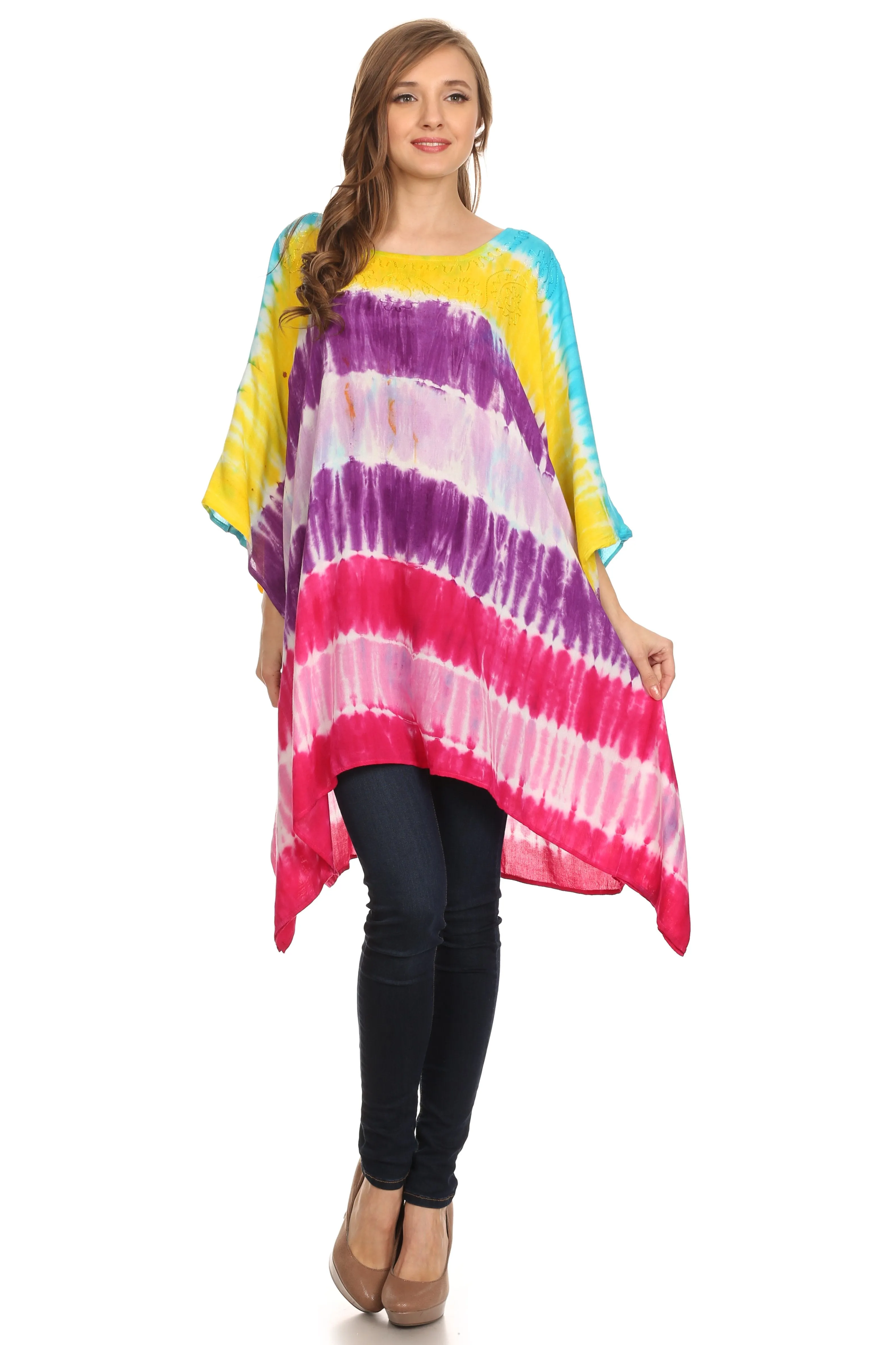 Sakkas Kalinda Embroidered Tie Dye Loose Fit Caftan Poncho Tunic Top / Cover-Up