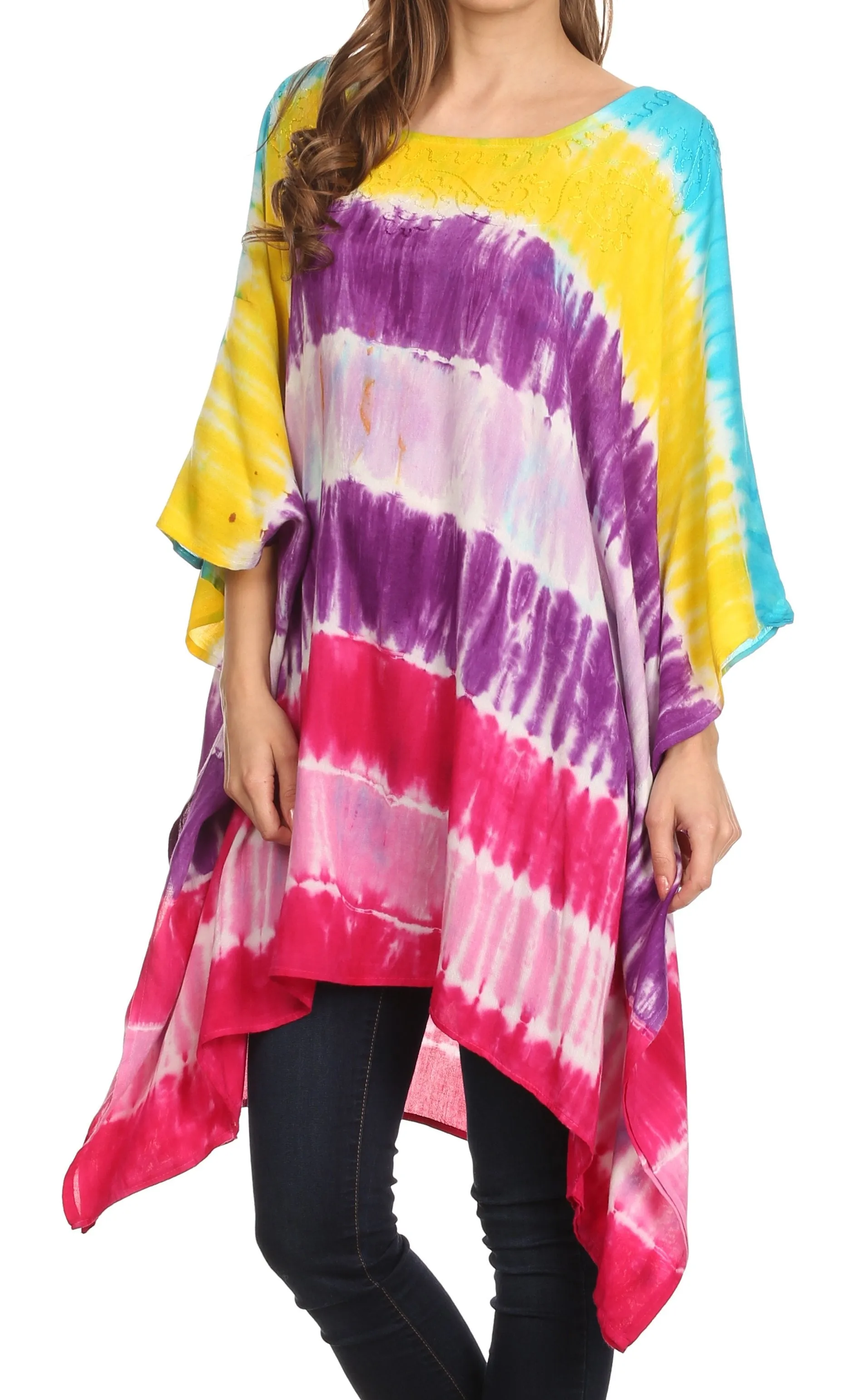 Sakkas Kalinda Embroidered Tie Dye Loose Fit Caftan Poncho Tunic Top / Cover-Up