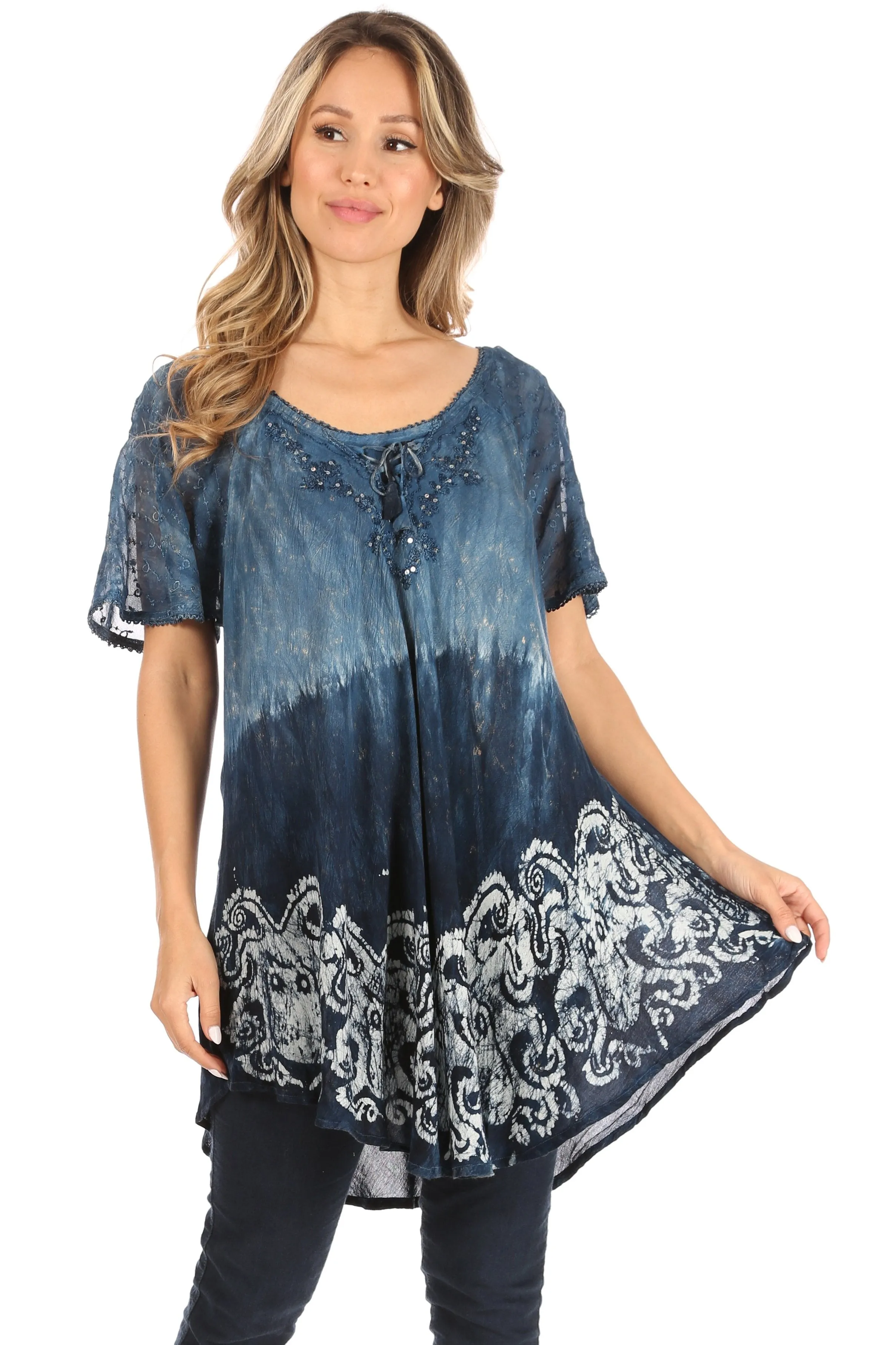 Sakkas Petra Women's Casual Loose Flared Corset Short Sleeve Lace Blouse Top Tunic