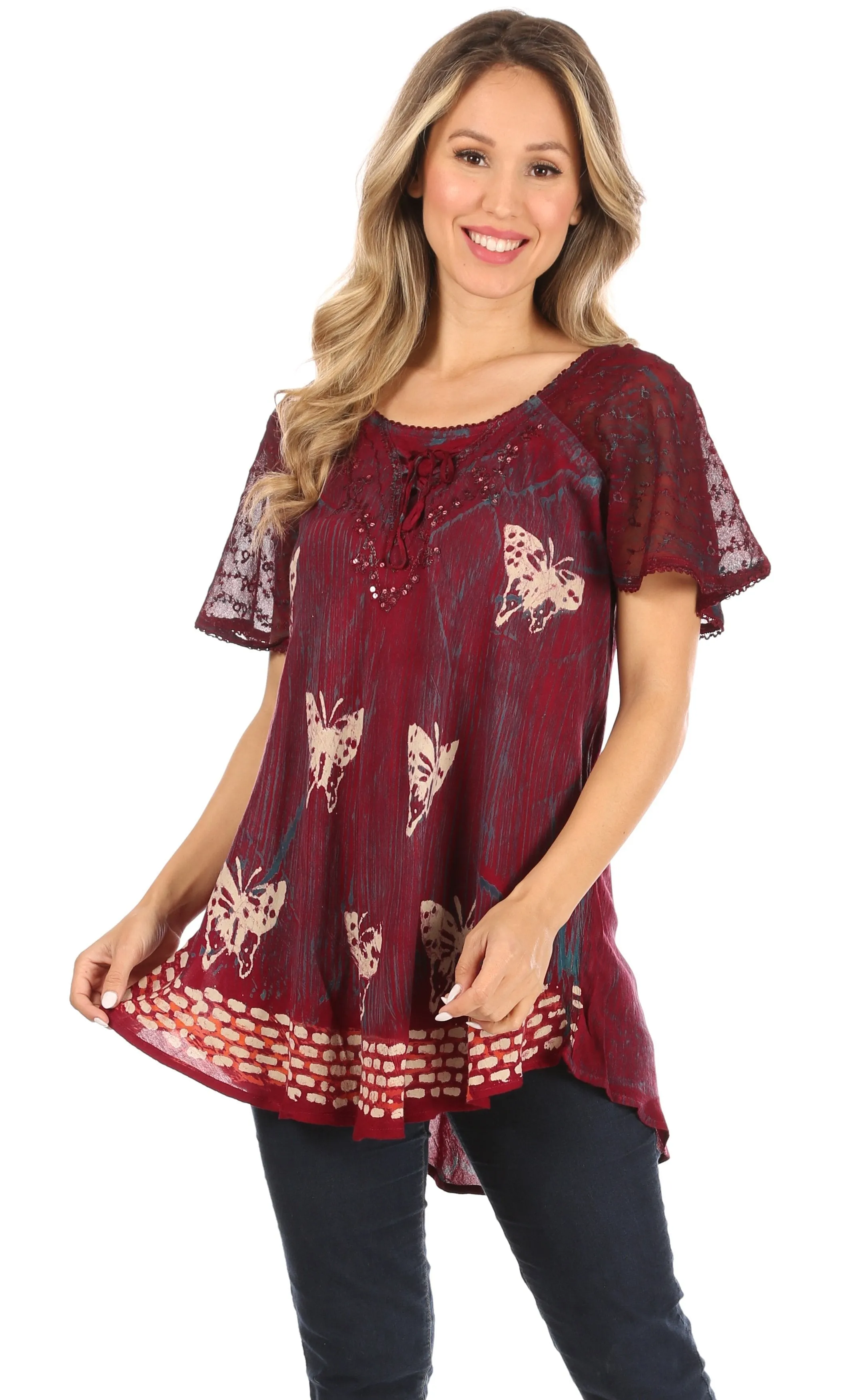 Sakkas Petra Women's Casual Loose Flared Corset Short Sleeve Lace Blouse Top Tunic