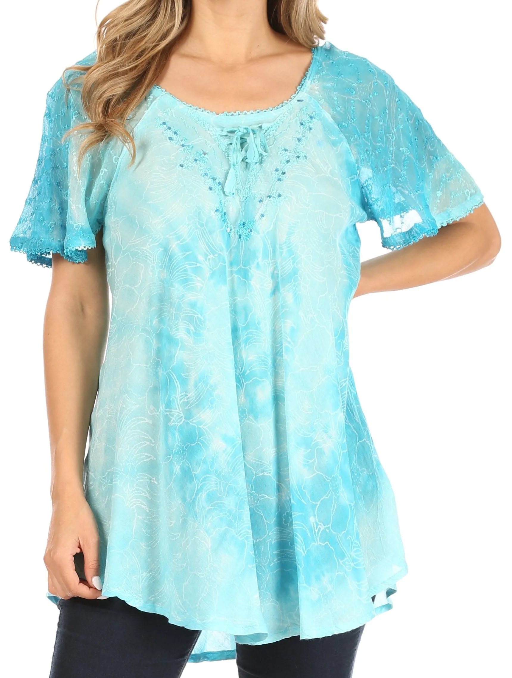 Sakkas Petra Women's Casual Loose Flared Corset Short Sleeve Lace Blouse Top Tunic