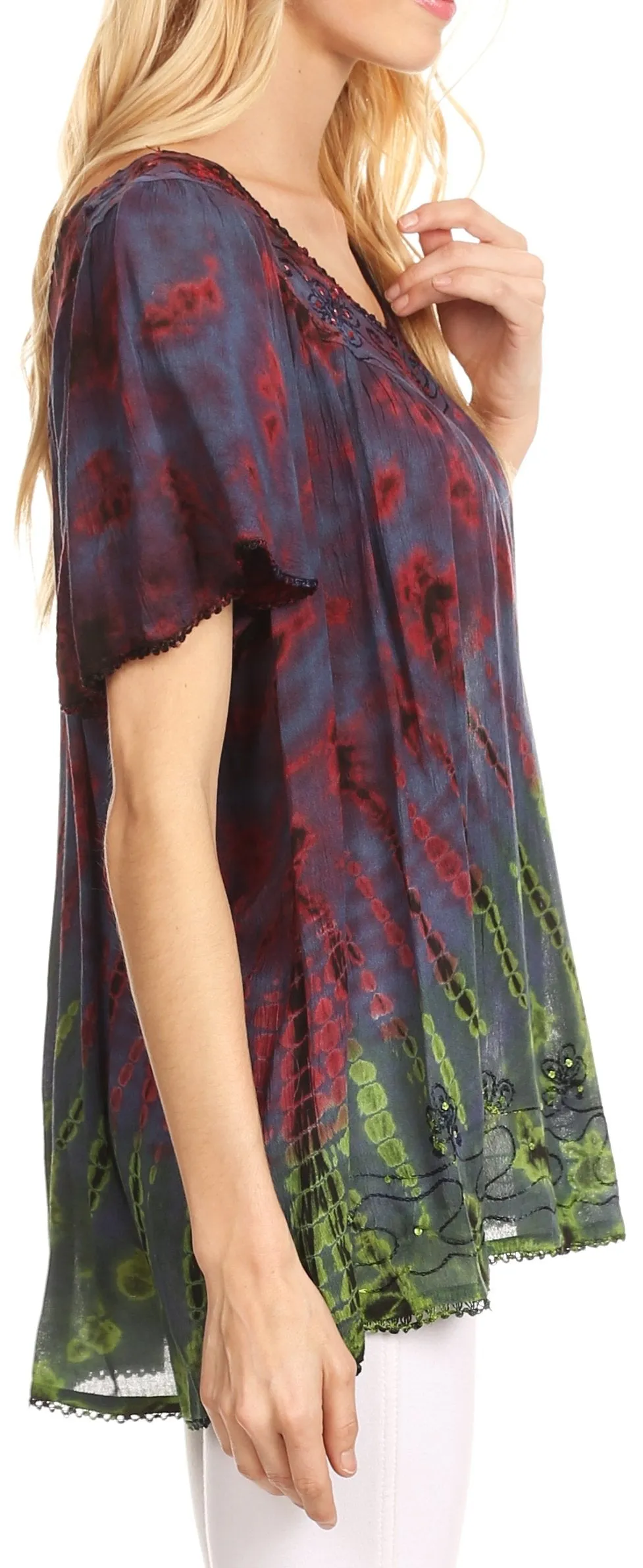 Sakkas Soraya Tie-Dye Scoop Neck Short Sleeve Embroidered Tunic Relaxed Fit Top