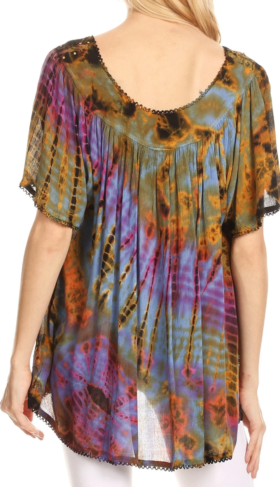 Sakkas Soraya Tie-Dye Scoop Neck Short Sleeve Embroidered Tunic Relaxed Fit Top