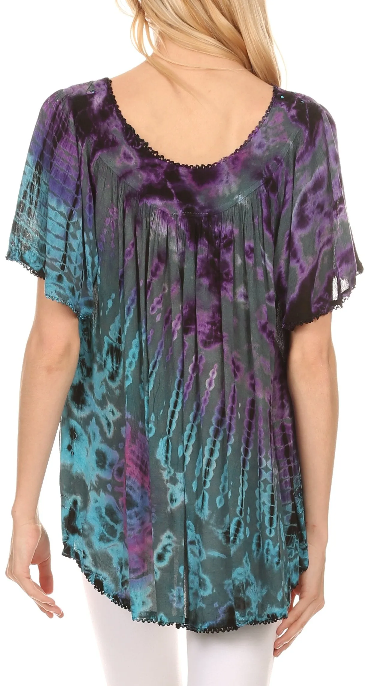 Sakkas Soraya Tie-Dye Scoop Neck Short Sleeve Embroidered Tunic Relaxed Fit Top