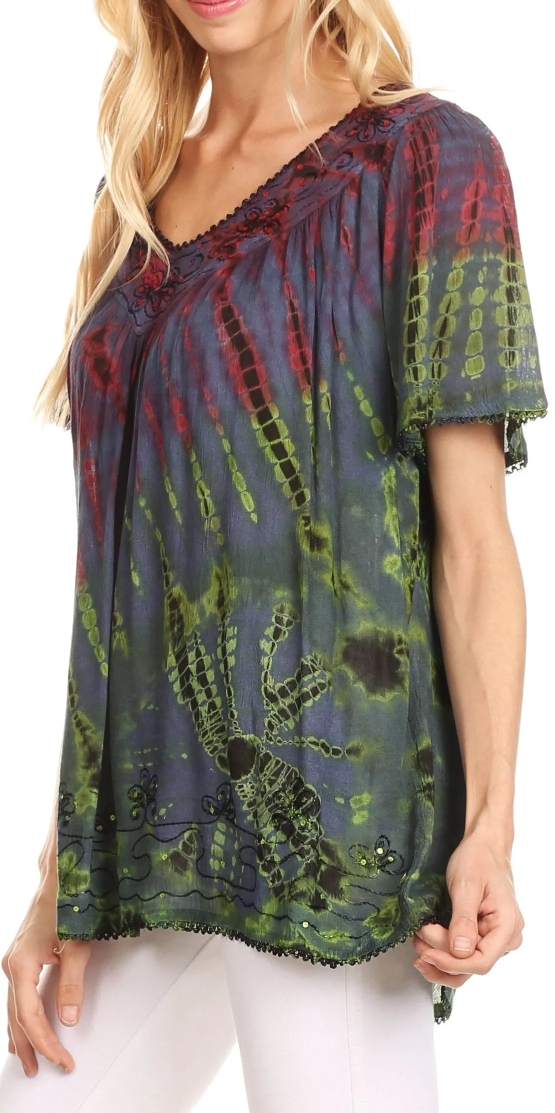 Sakkas Soraya Tie-Dye Scoop Neck Short Sleeve Embroidered Tunic Relaxed Fit Top