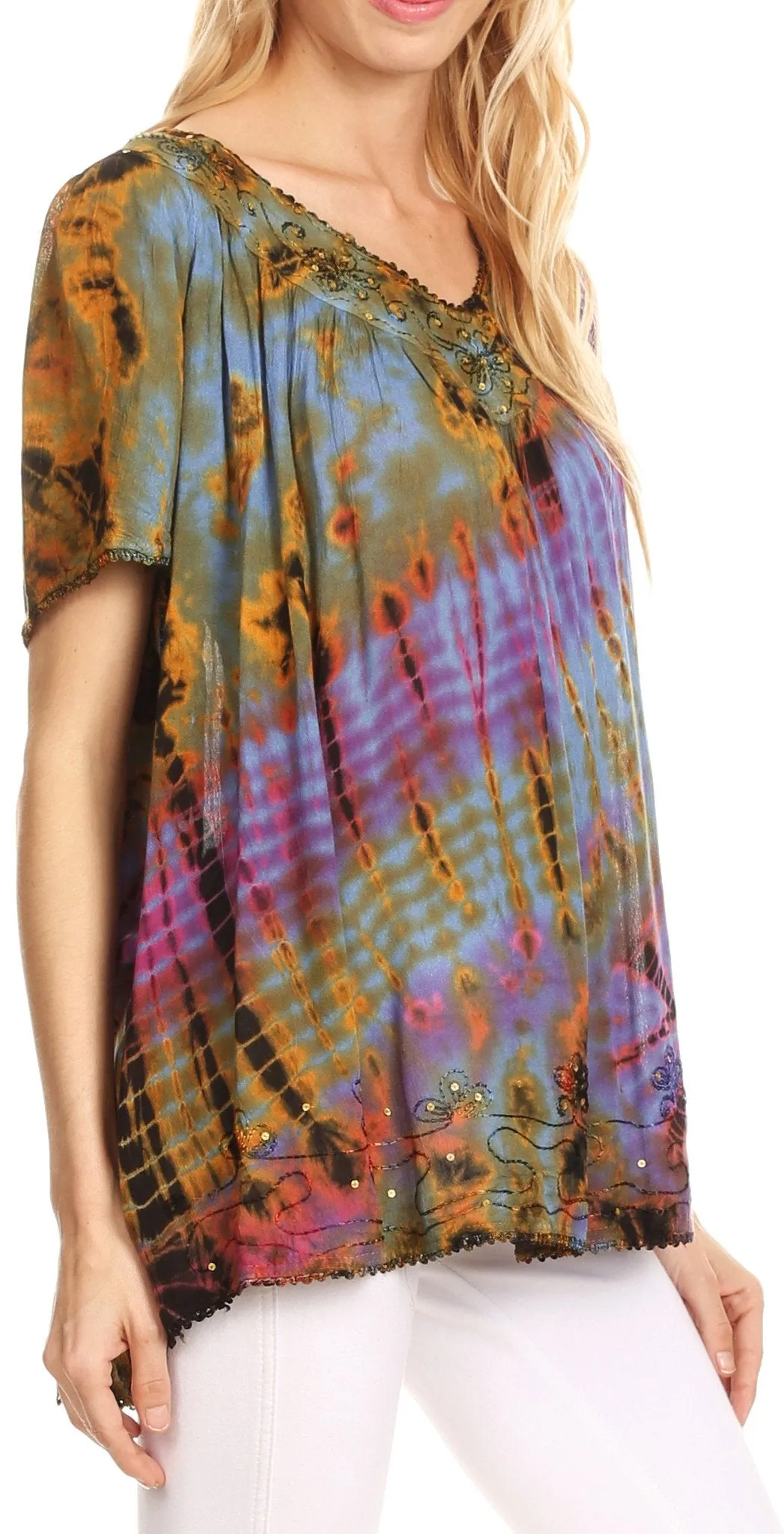 Sakkas Soraya Tie-Dye Scoop Neck Short Sleeve Embroidered Tunic Relaxed Fit Top