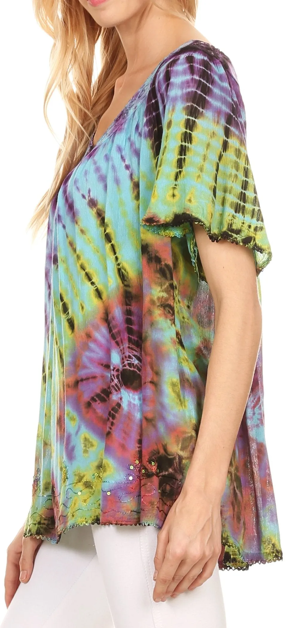 Sakkas Soraya Tie-Dye Scoop Neck Short Sleeve Embroidered Tunic Relaxed Fit Top