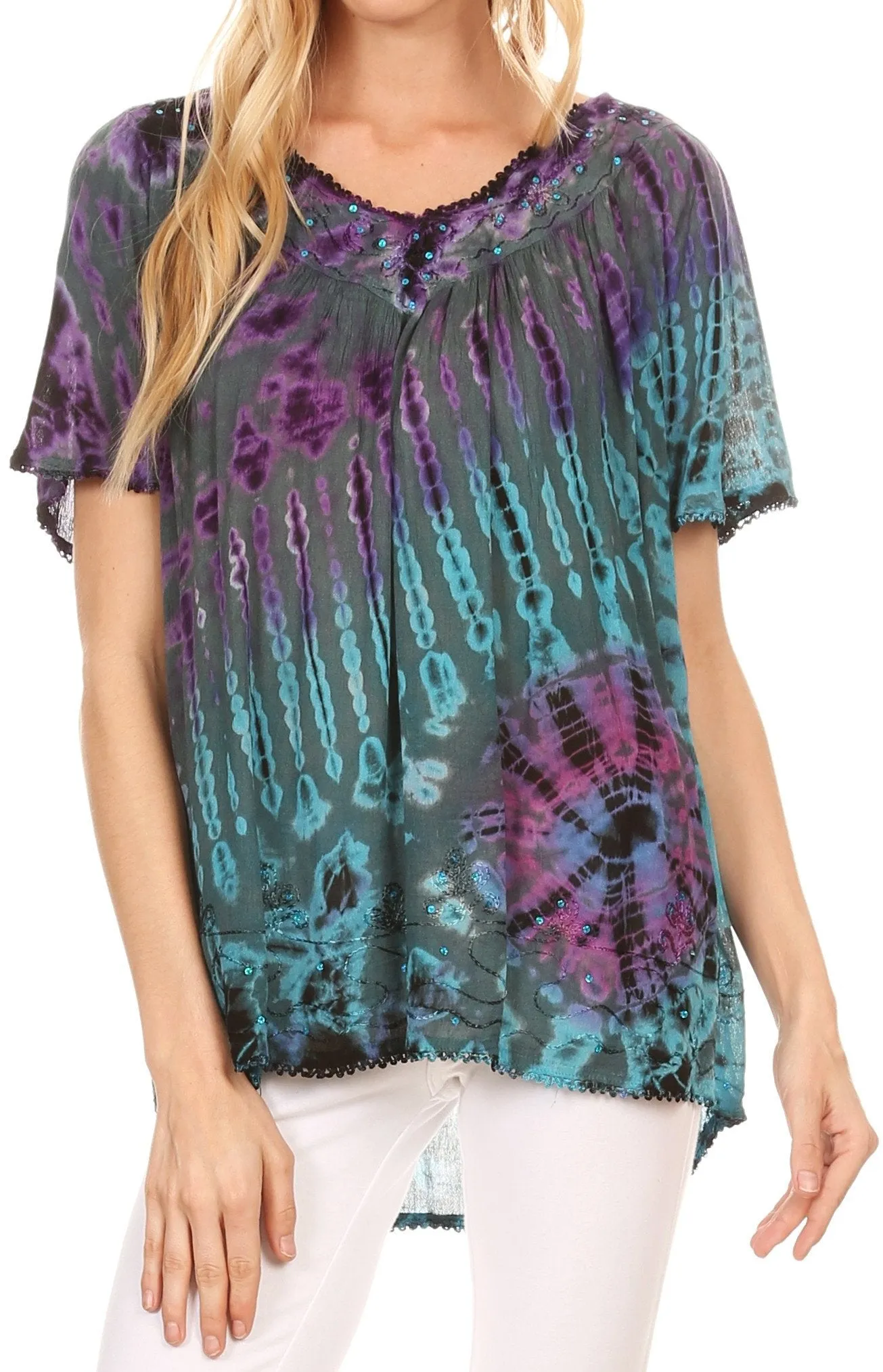 Sakkas Soraya Tie-Dye Scoop Neck Short Sleeve Embroidered Tunic Relaxed Fit Top