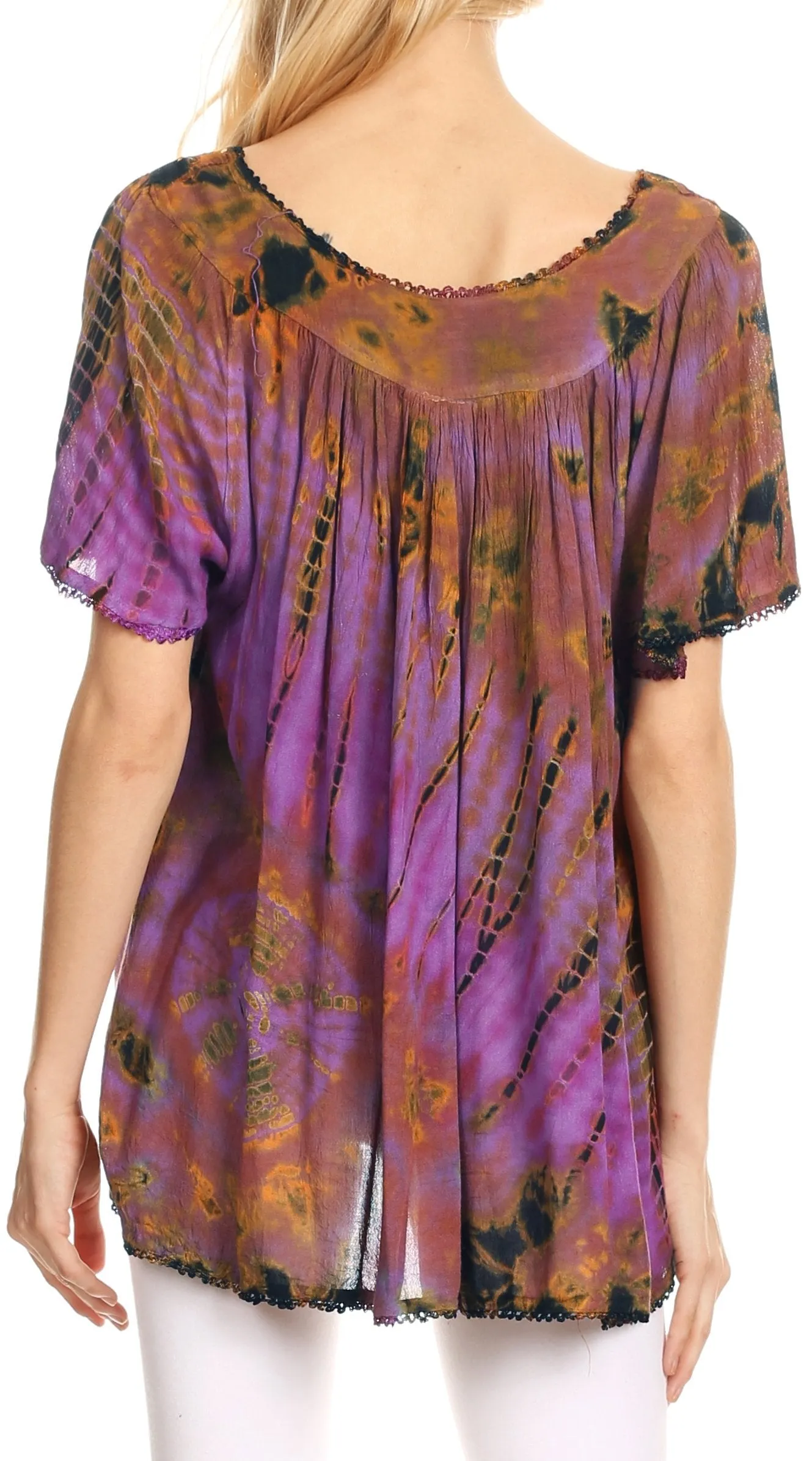 Sakkas Soraya Tie-Dye Scoop Neck Short Sleeve Embroidered Tunic Relaxed Fit Top