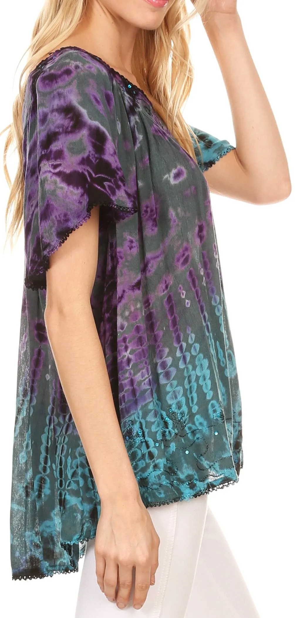 Sakkas Soraya Tie-Dye Scoop Neck Short Sleeve Embroidered Tunic Relaxed Fit Top