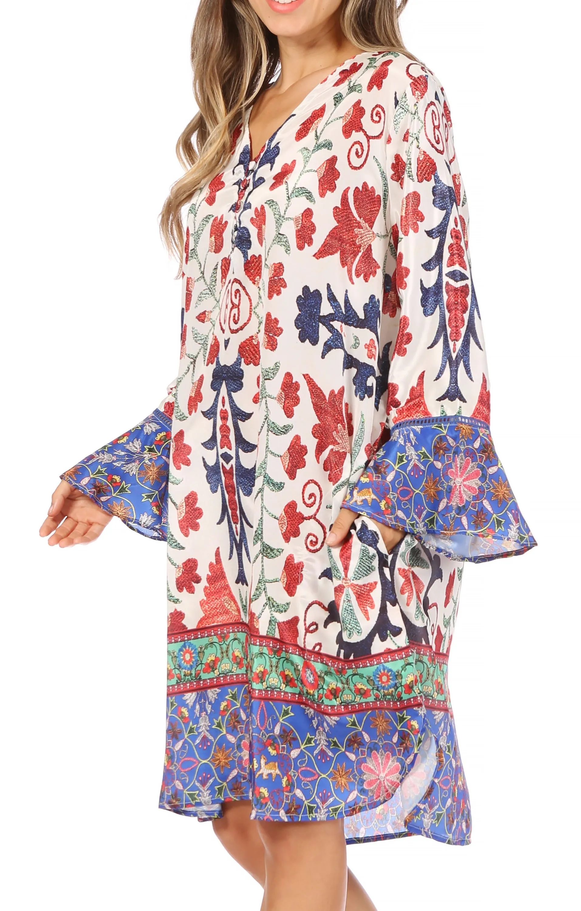 Sakkas Ximena Women's Floral Boho Cocktail Dress Tunic Cover-up V neck Summer