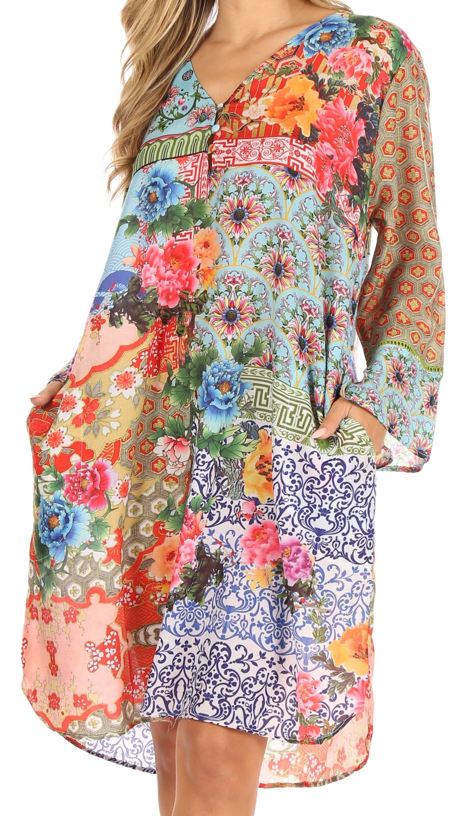 Sakkas Ximena Women's Floral Boho Cocktail Dress Tunic Cover-up V neck Summer