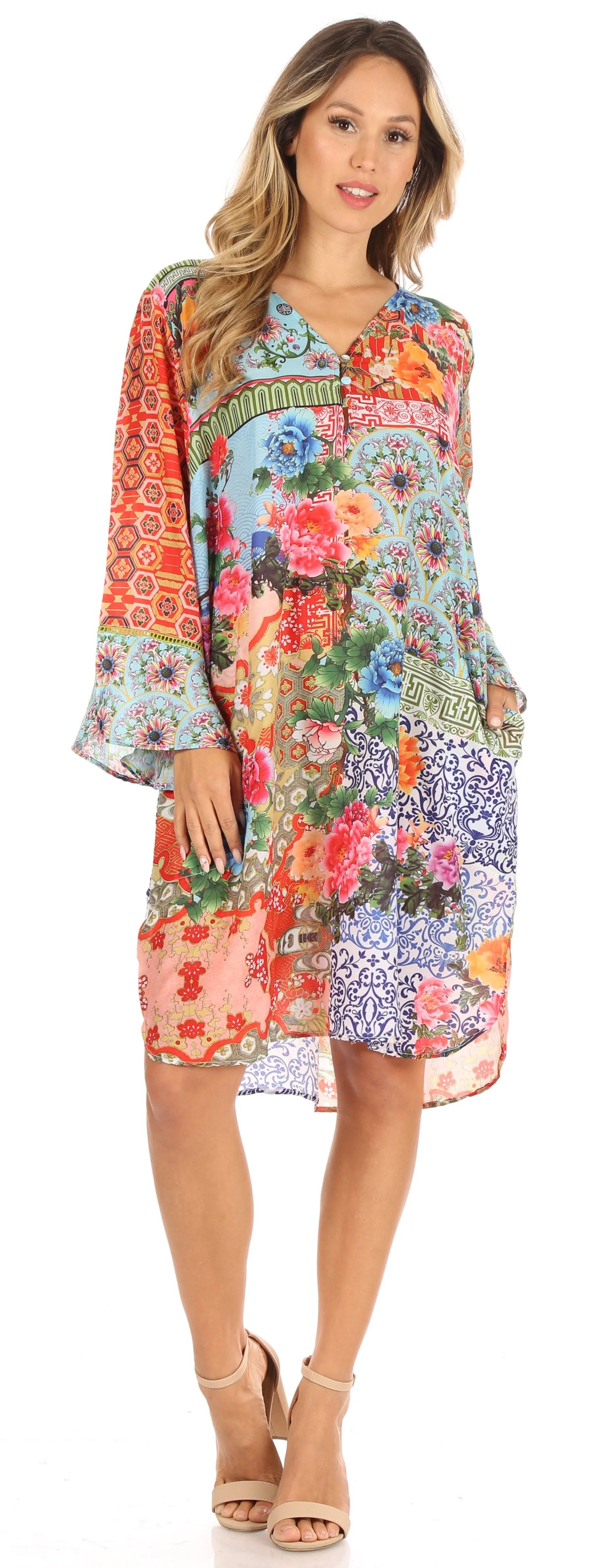 Sakkas Ximena Women's Floral Boho Cocktail Dress Tunic Cover-up V neck Summer