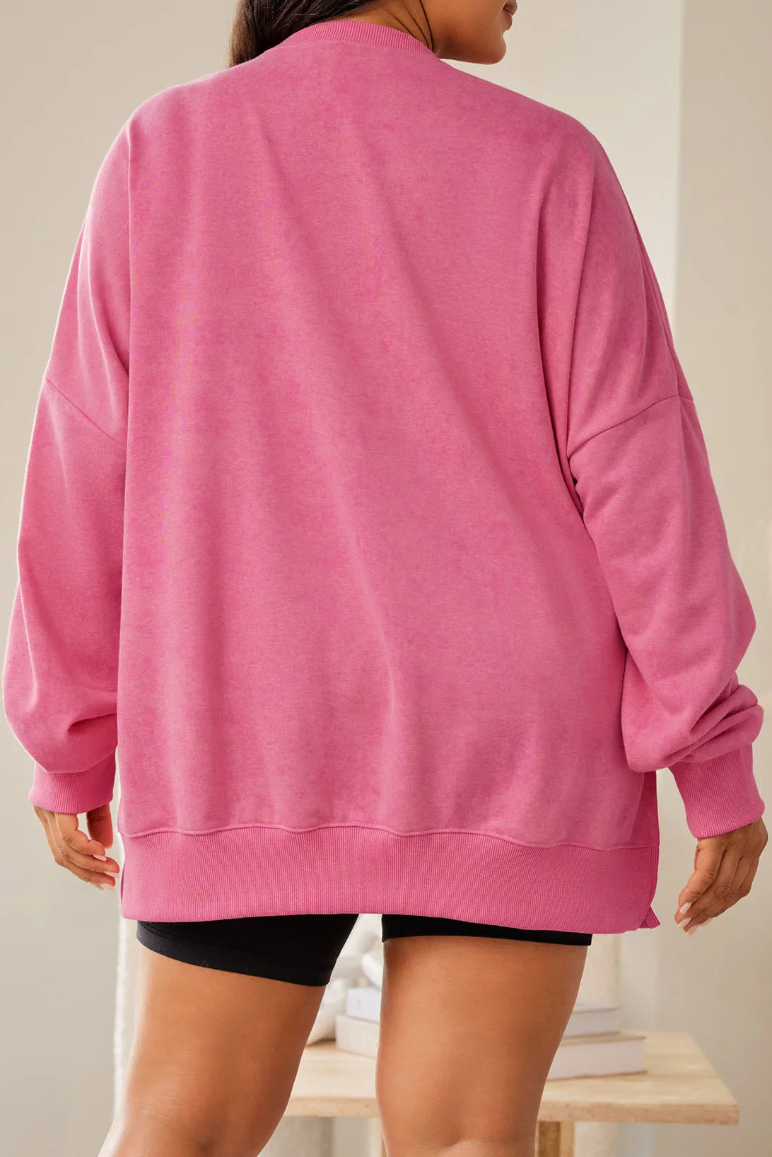 Santa Graphic Pink Drop Shoulder Ribbed Trim Oversized Casual Sweatshirt