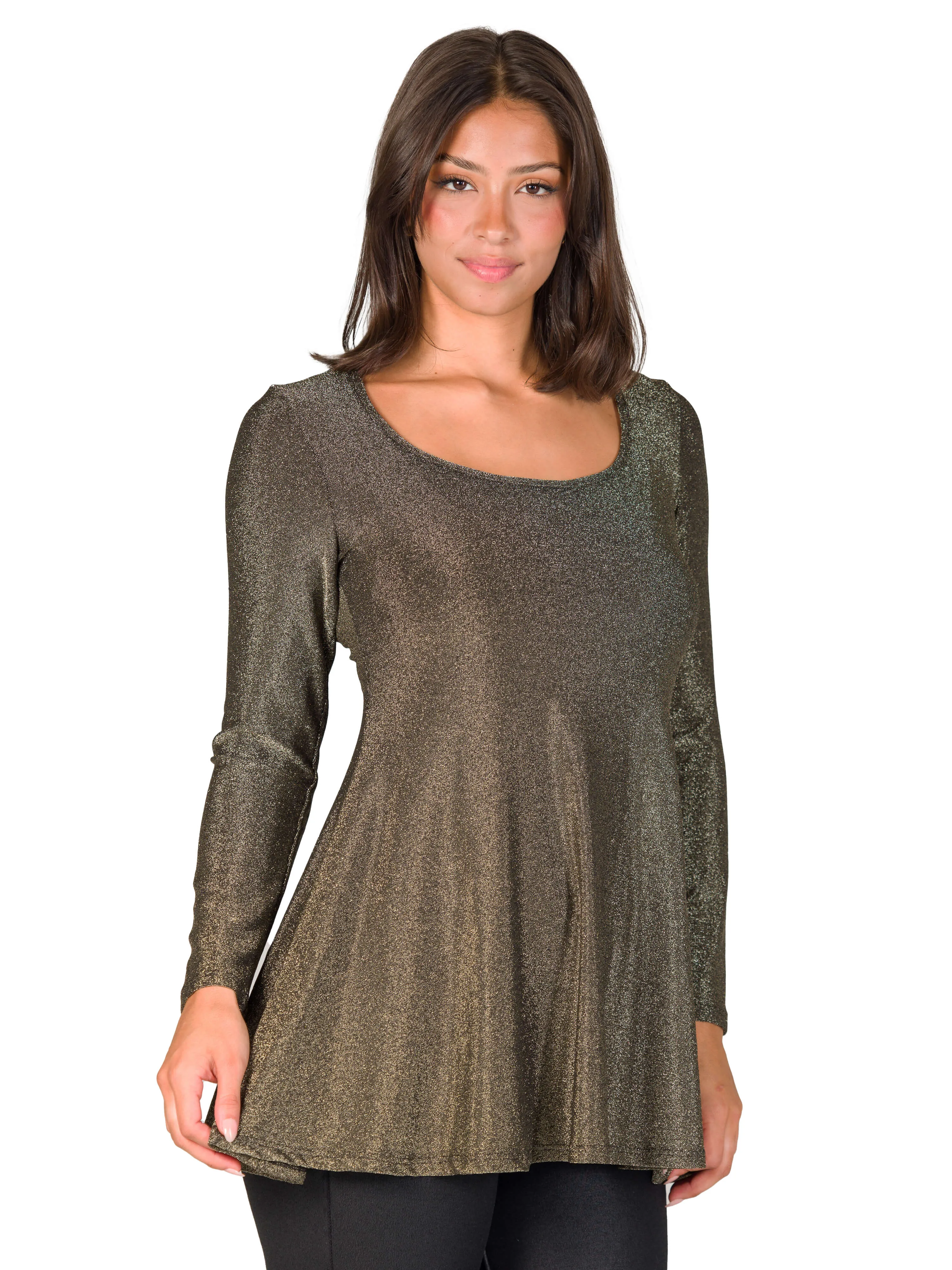 Scoop Neck Long Sleeve Shimmery Fabric Tunic Top