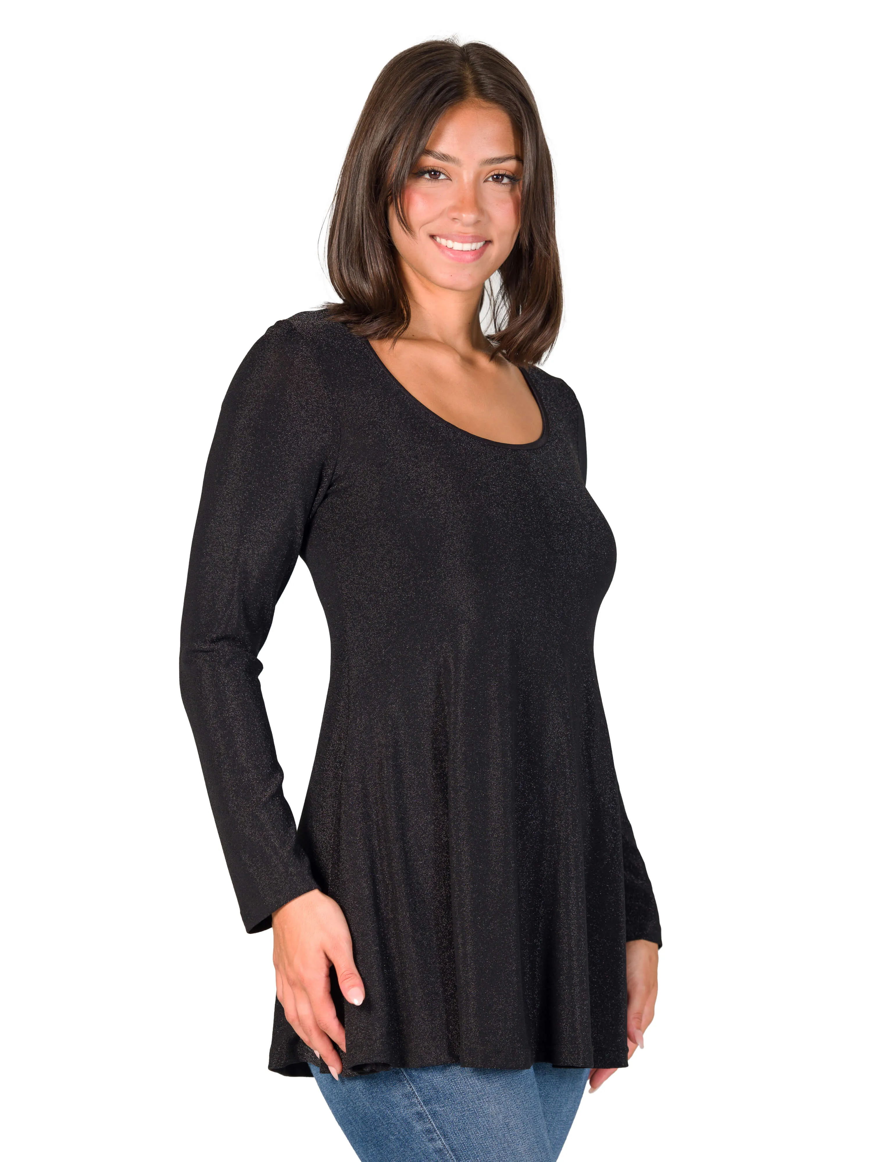 Scoop Neck Long Sleeve Shimmery Fabric Tunic Top