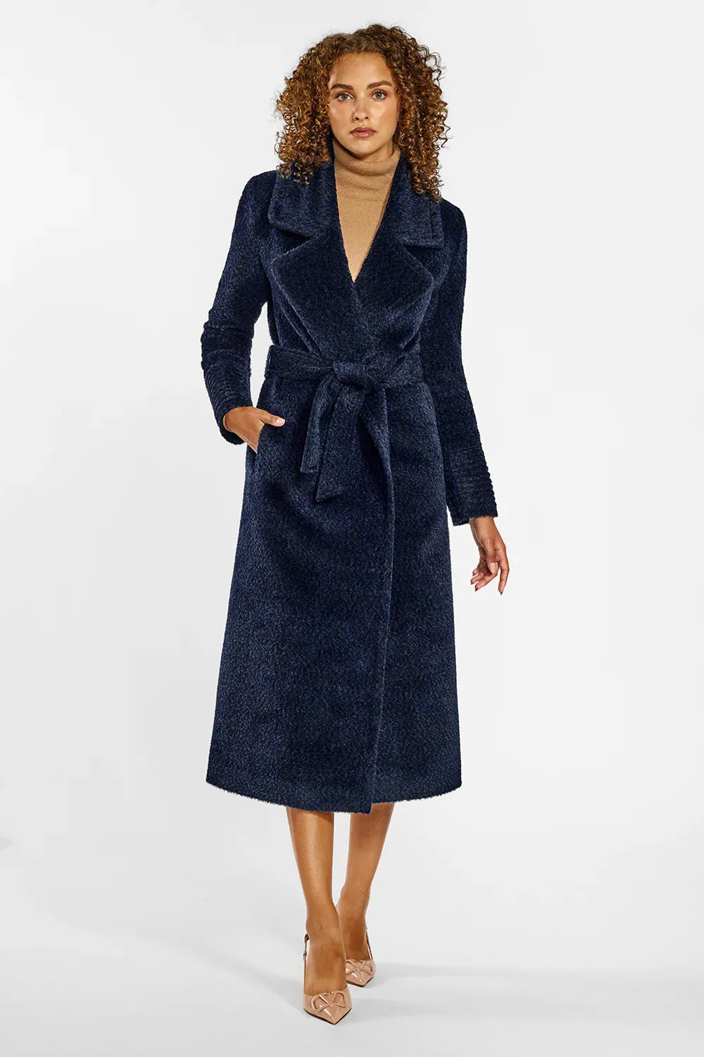 SENTALER BOUCLÉ ALPACA LONG NOTCHED COLLAR WRAP COAT