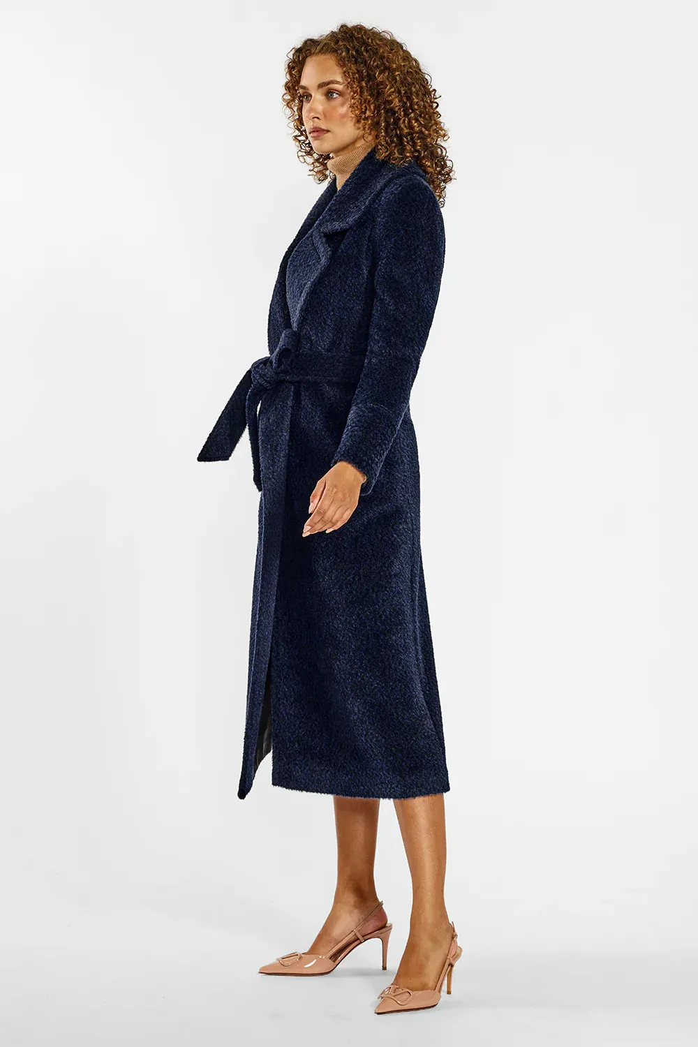 SENTALER BOUCLE LONG NOTHCED COLLAR WRAP COAT