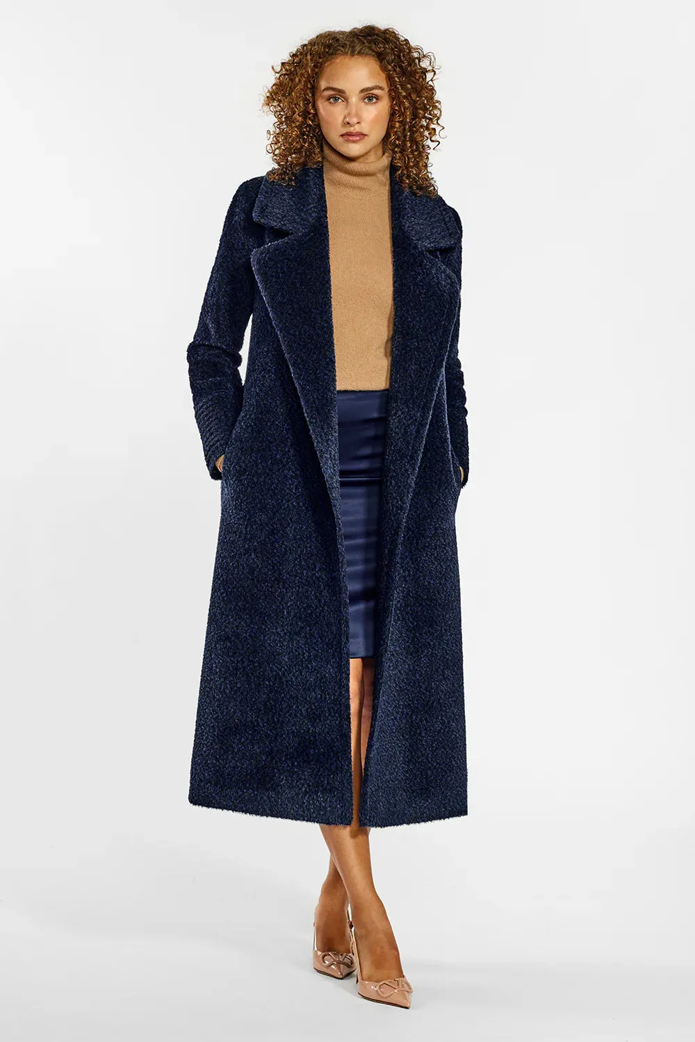 SENTALER BOUCLE LONG NOTHCED COLLAR WRAP COAT