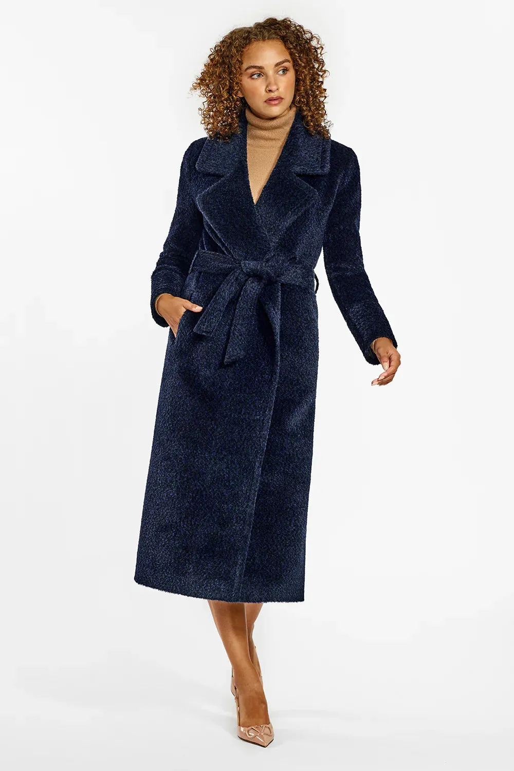 SENTALER BOUCLE LONG NOTHCED COLLAR WRAP COAT